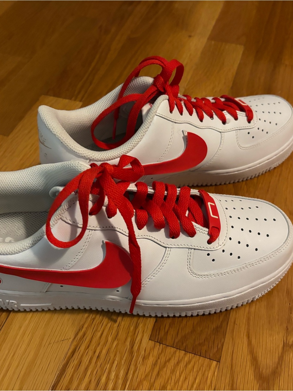 Custom Air Force Ones White Sneakers with Red Swoosh and Red Laces